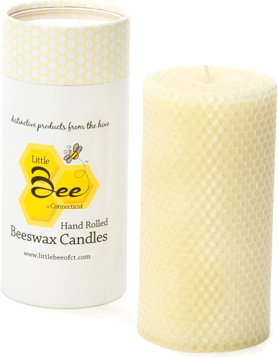 Little Bee of CT Hand Rolled Beeswax Pillar Candle, 3 x 6 inches, 48 Hour Burn Time, Cotton Wick