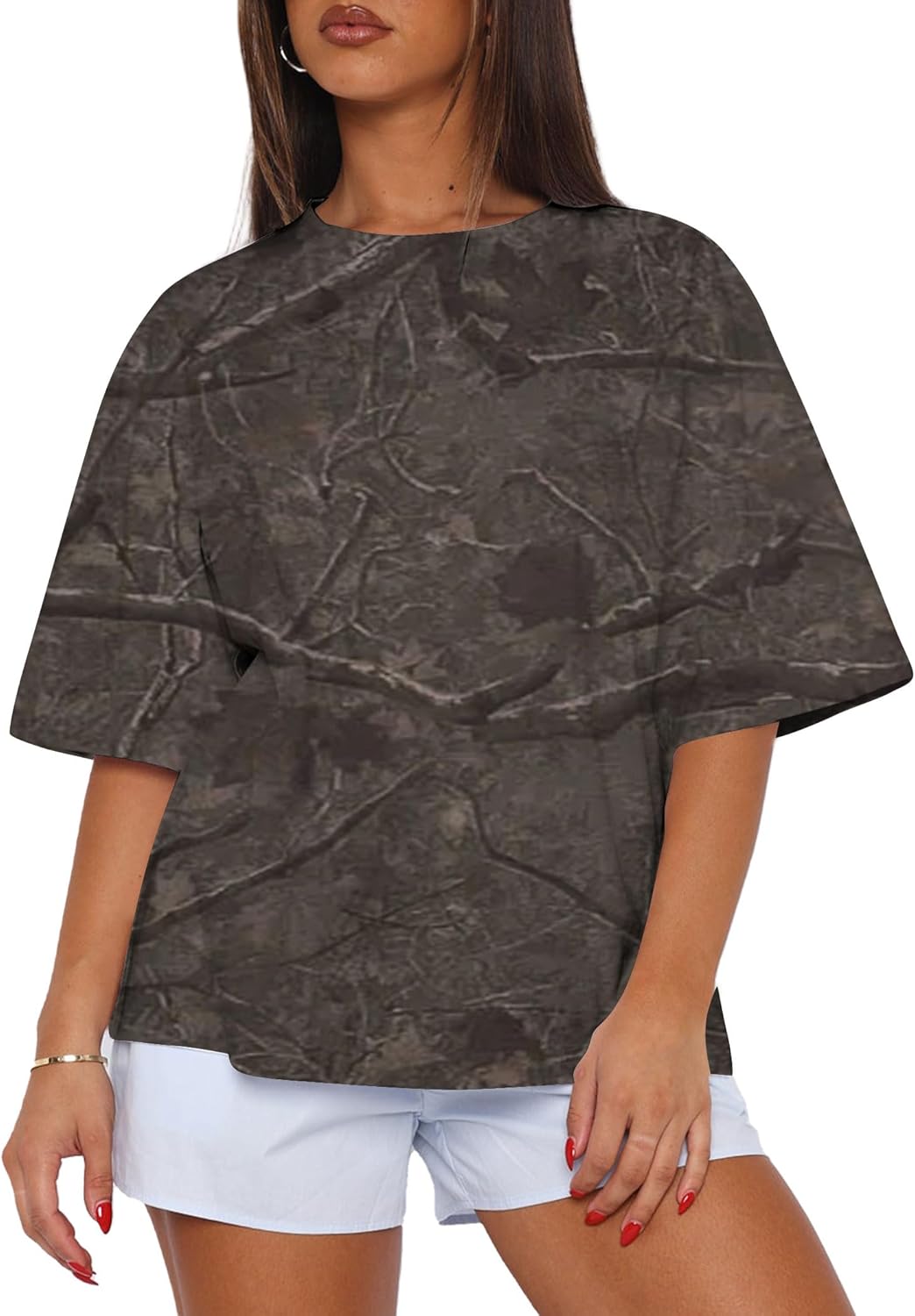 Womens Camo Shirt Maple Leaf Print Summer Tops Short Sleeve Oversized Crewneck T Shirts Loos Fit Graphic Tee