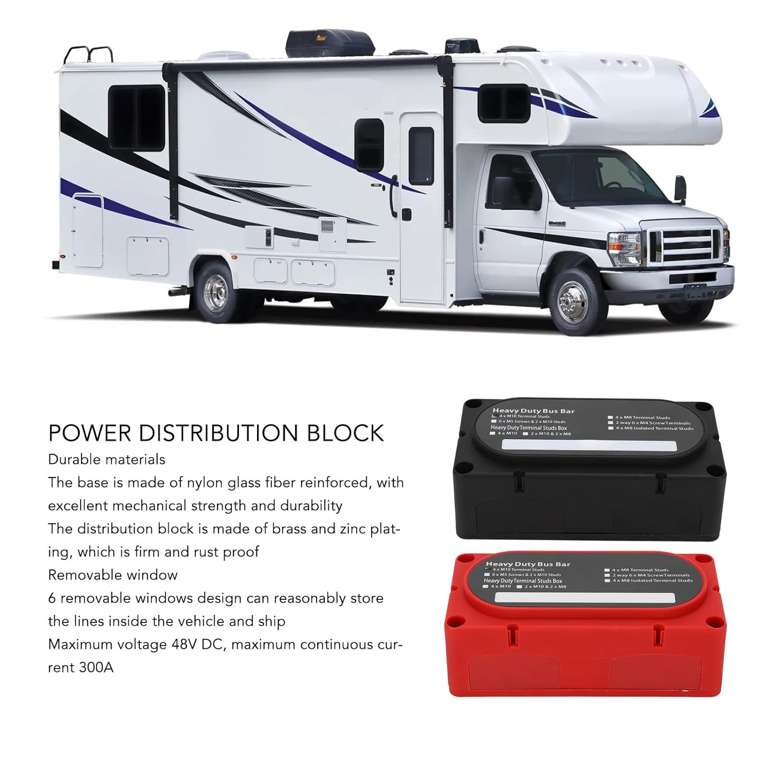 Power Distribution Block 4 Studs 300A Battery Bus Bar Modular for Car RV Yacht Boat ABS Shell Stainless Steel Accessories Brass Zinc Plating Inner Parts Nylon Glass Fiber Material