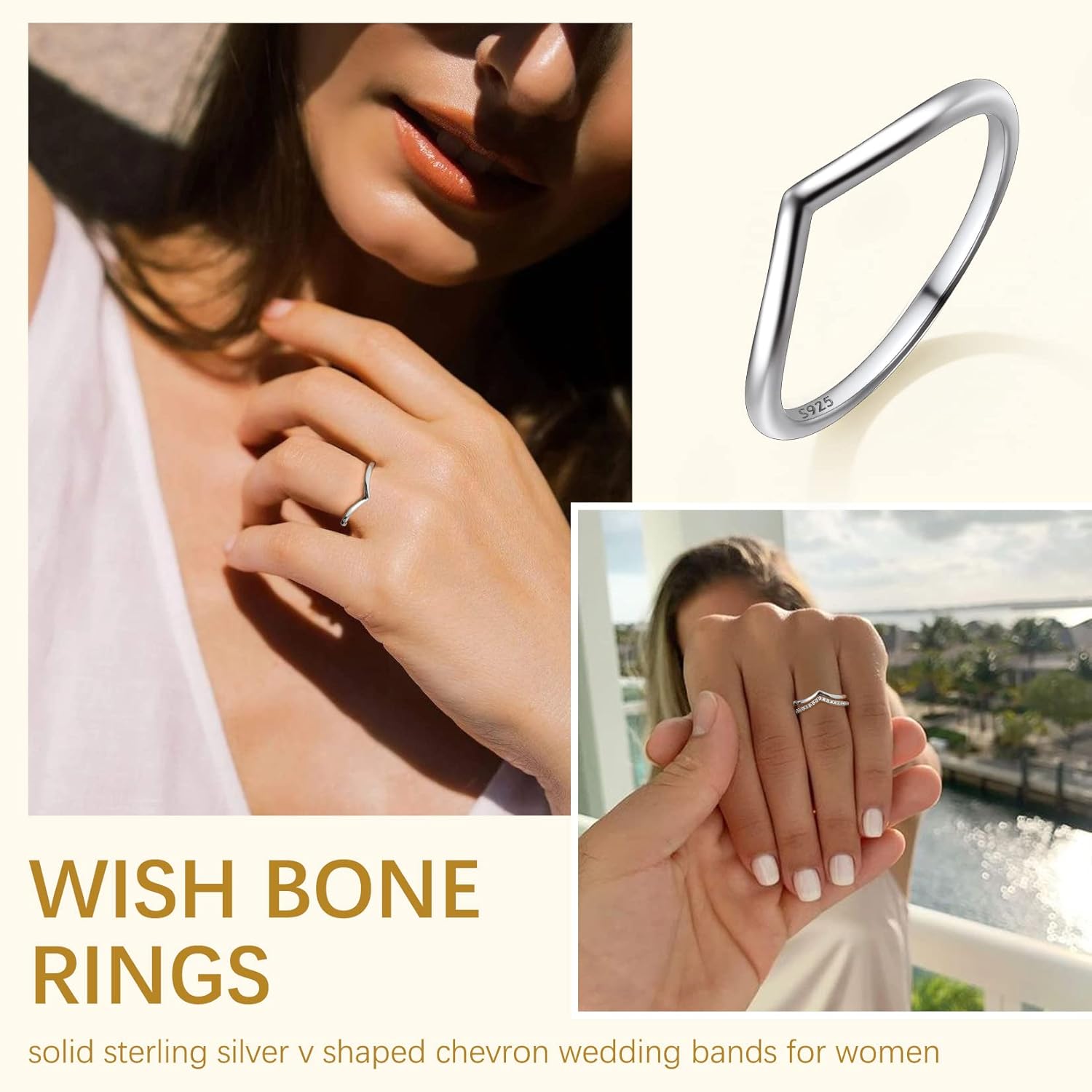 Suplight 925 Sterling Silver Wedding Band Rings, Full Cubic Zirconia Wishbone Ring Love/Lucky Engagement Promise Rings For Women, Size 4-12 (with Gift Box)