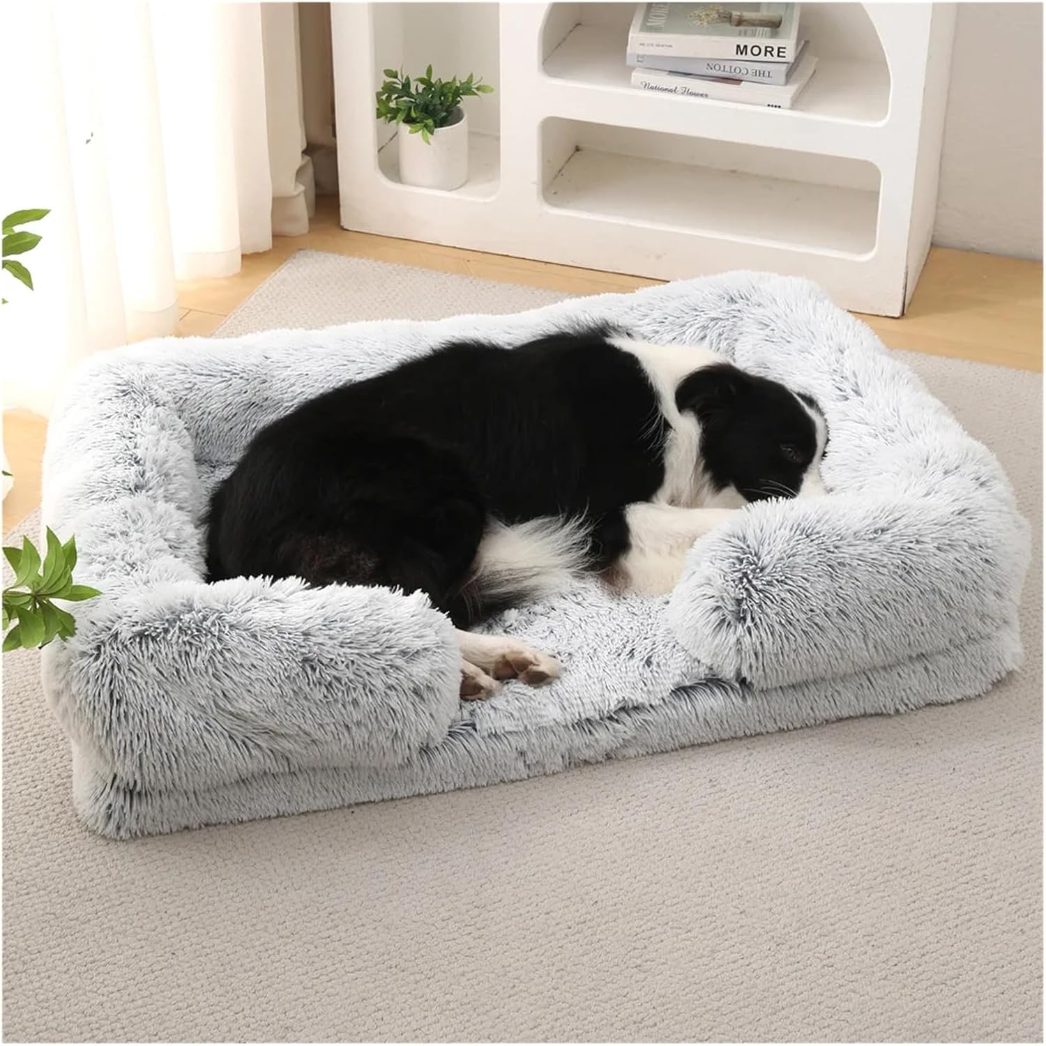 Half Surround Dog Bed Soft Square Pet Cat Sofa Full Filling Medium Kennel Plush Cushion House(Light Gray,Small)