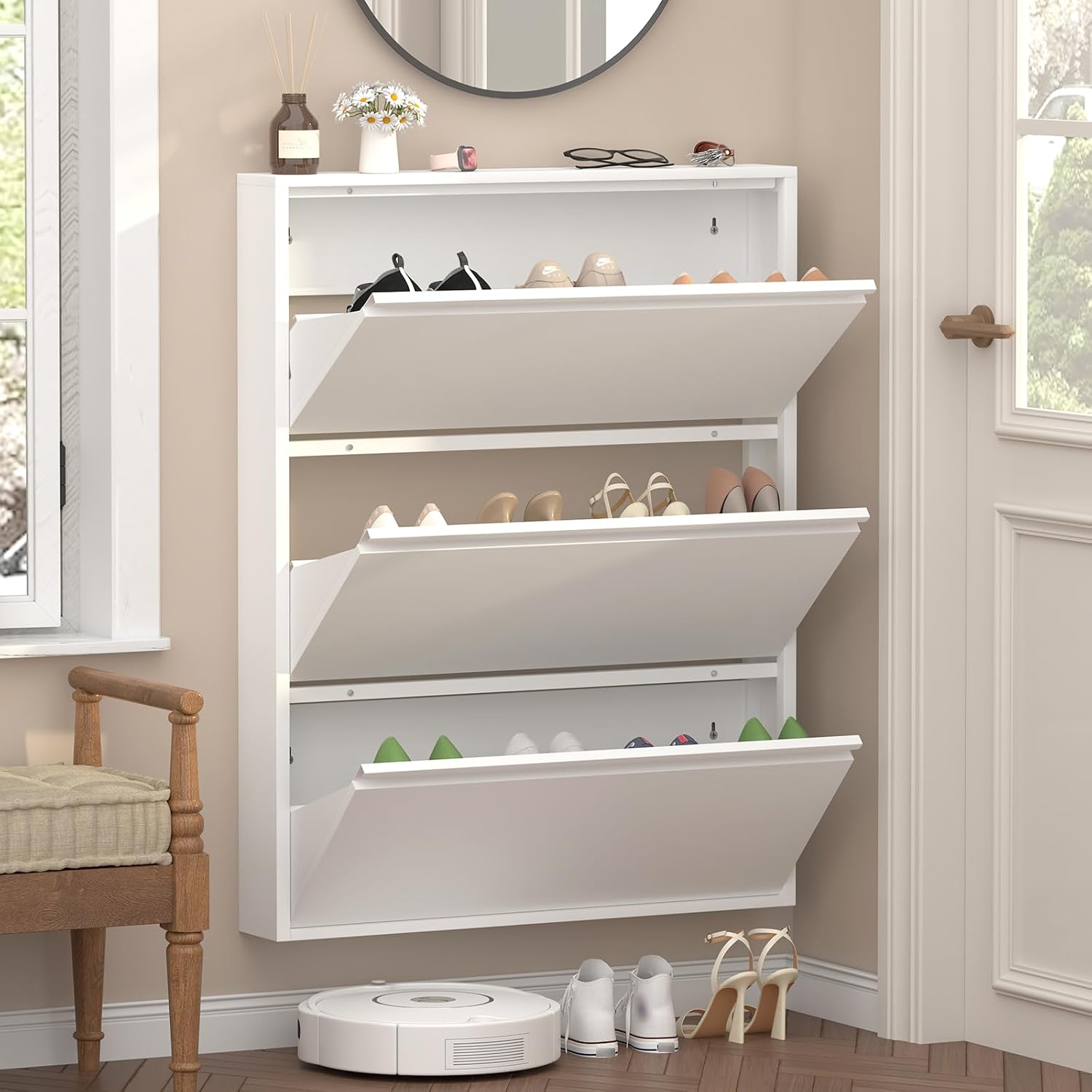 GREATMEET Slim Wall Mounted Metal Storage Cabinet with 3 Flip Drawers