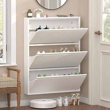 GREATMEET Slim Wall Mounted Metal Storage Cabinet with 3 Flip Drawers