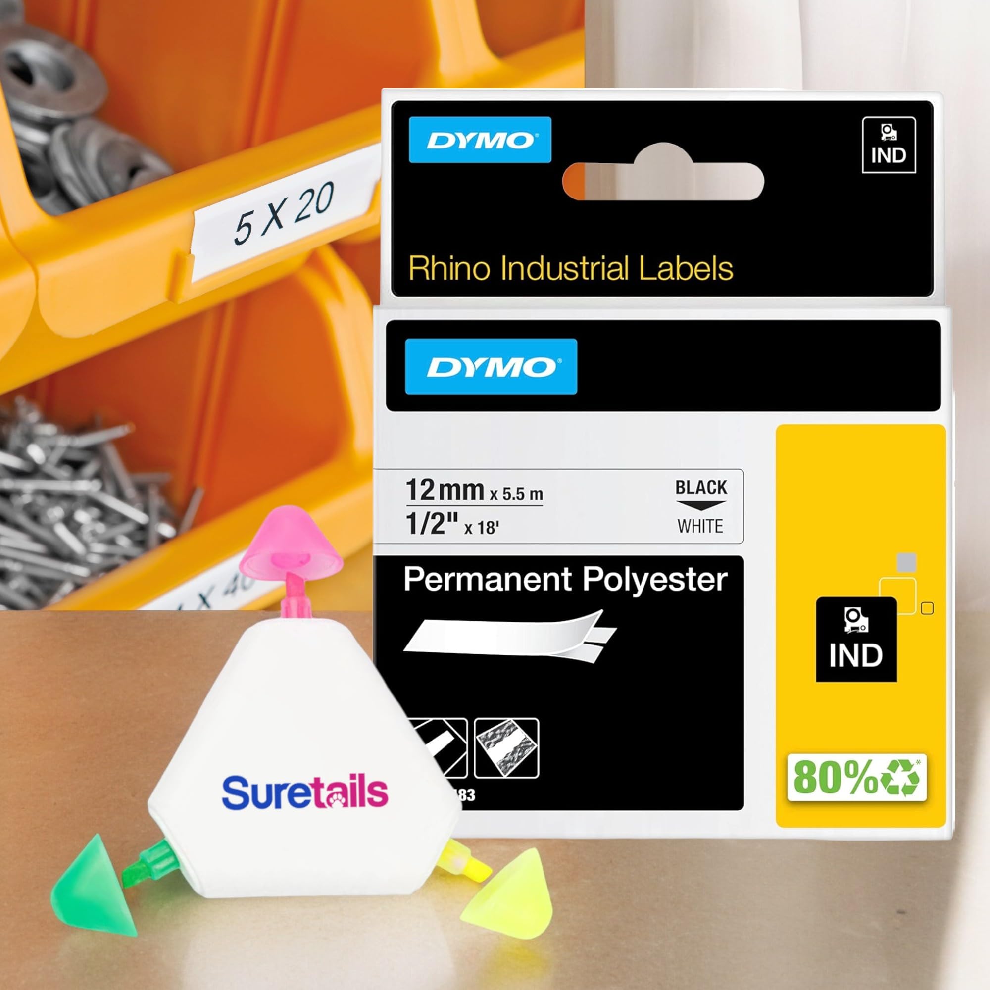 DYMO Rhino Industrial Etiquetas Permanentes De Poliéster 1,27 Cm Impressão Preta Em Fita Branca