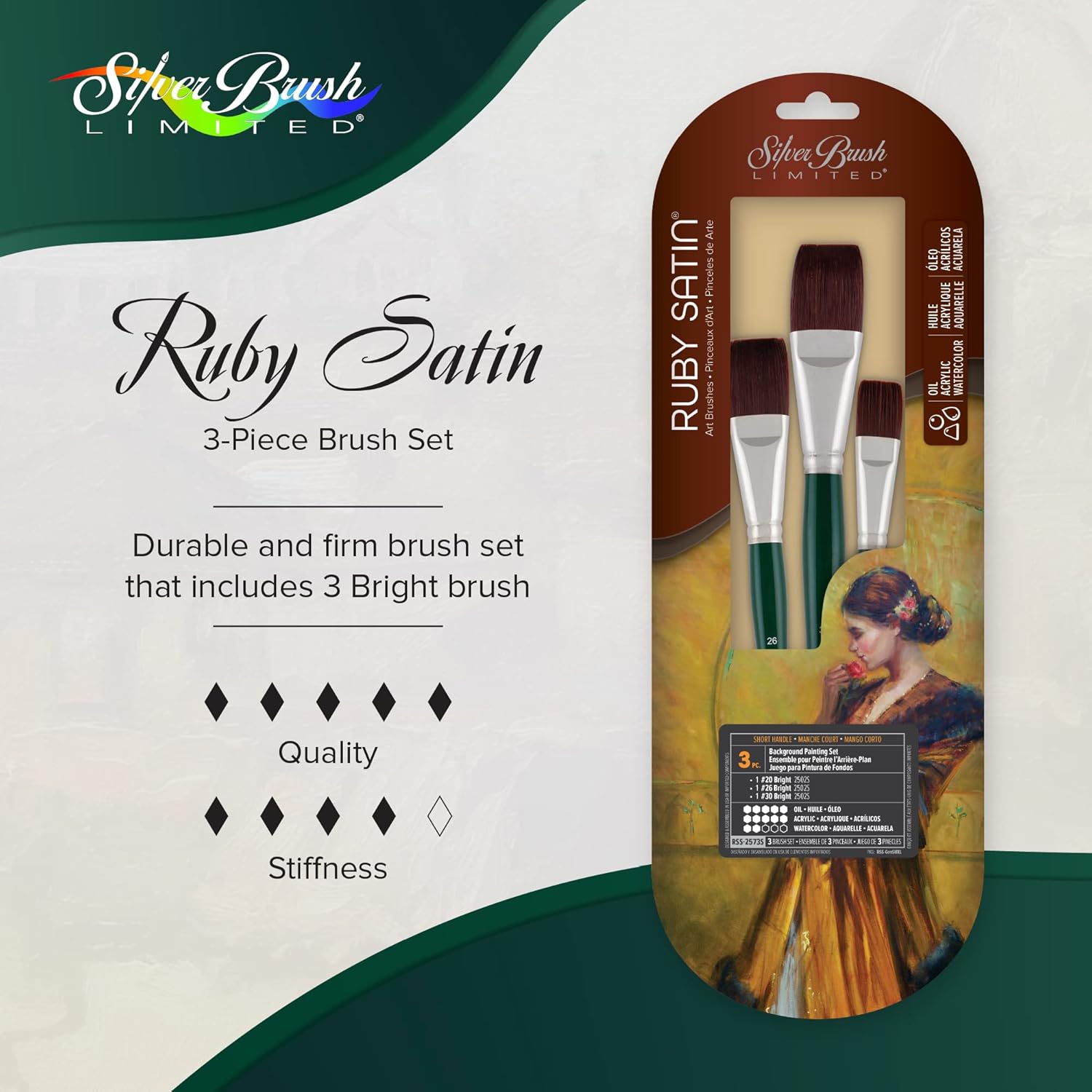 Silver Brush Limited RSS-2573S Ruby Satin Background Painting Set, Paintbrushes for Oil, Acrylic, and Heavy Body Paints, Set of 3 Bright Brushes, Size #20, #26, and #30, Short Handle