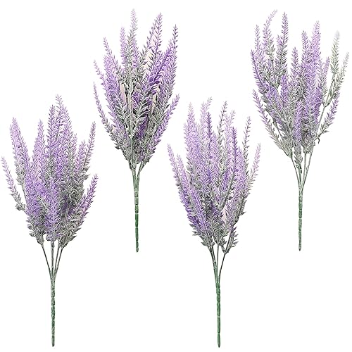 Floroom Artificial Purple Lavender, 4 Bushes Flocked Fake Lilac Flower