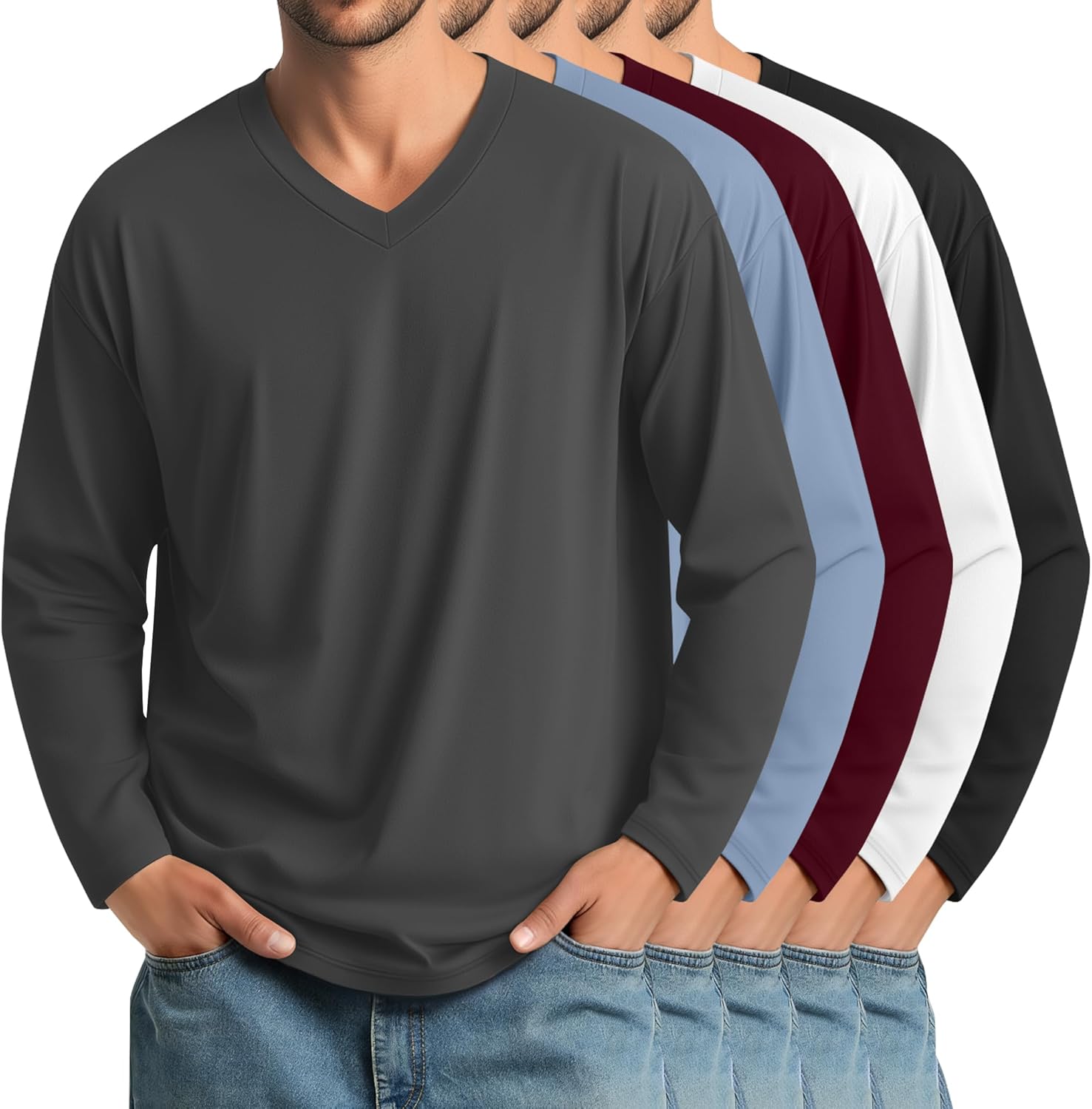 5 Pack Men's Big and Tall Shirts Cotton V Neck L-7xl Long Sleeve Loose Tops Winter ...