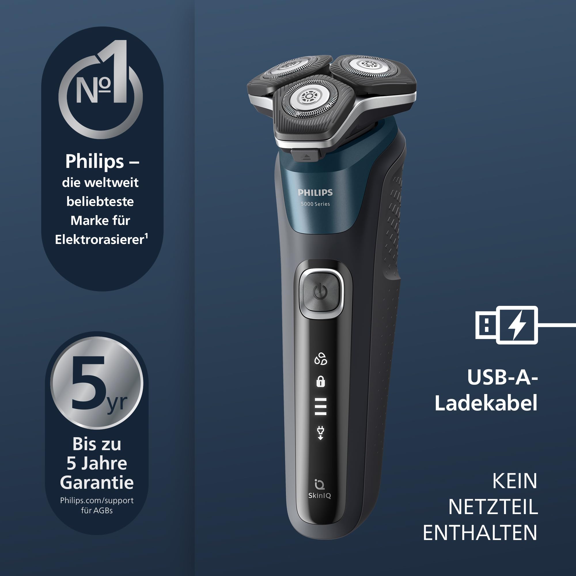 Philips Shaver 5000 – Elektrischer Rasierer für Herren: Nass- und Trockenrasur mit SkinIQ Technologie, ausklappbarer Trimmer, Transporttasche, Reinigungsstation, Elektrik-Blau (S5889/50)