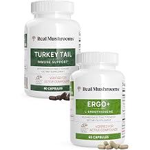 Real Mushrooms Ergothioneine 60ct and Turkey Tail 90ct Bundle with Shiitake and Oyster Mushroom Extracts - Longevity and Immunity with Highest Levels of Beta-Glucans - Vegan, Gluten Free, Non-GMO