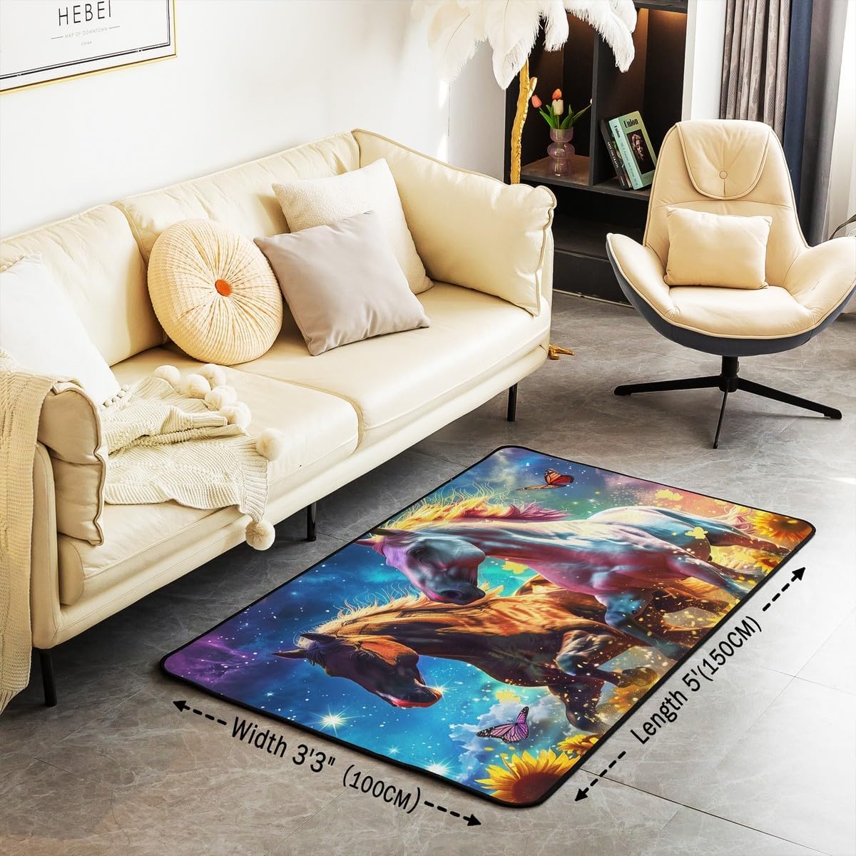 Erosebridal Galloping Horse Decorative Rug,Sunflowers Butterfly Non Slip Indoor Floor Mat for Boys Girls Kids,Western Cowboy Cowgirls Decorative Accent Rug 3x5,Farm Animals Carpet Room Decor