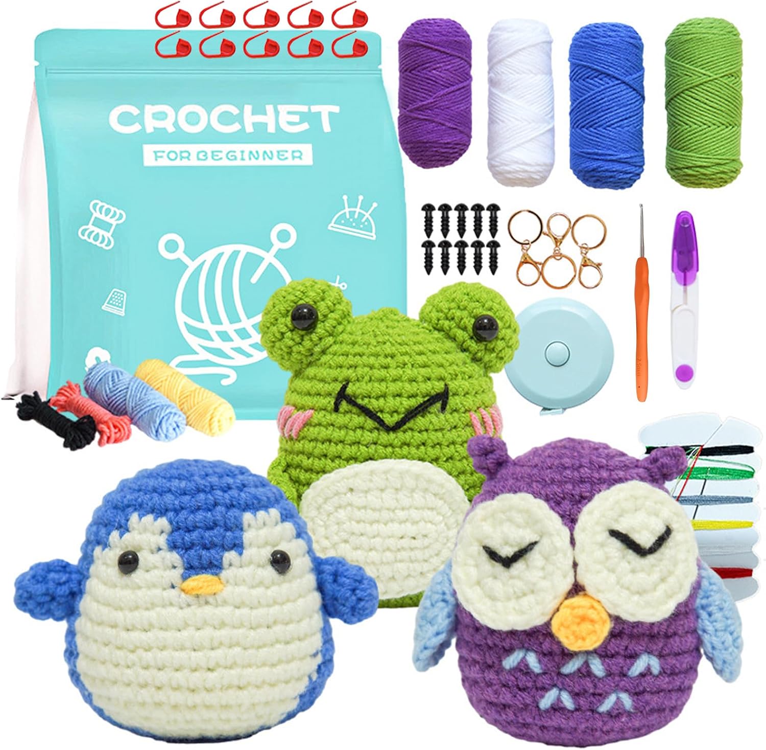 IFQKNUYL Crochet Kit for Beginners, 3 Animal Pattern Beginner Crochet Kits,Knitting Kit for Adult Kids with Step-by-Step Video Tutorials (Owl, Penguin, Frog)