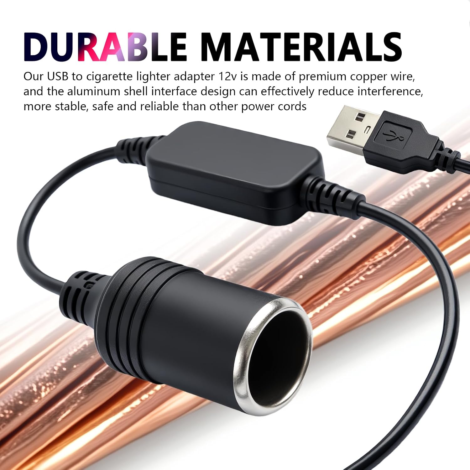 1.20Ft USB to Cigarette Lighter Adapter,Plug & Play USB to 12V Adapter for Car Recorder,GPS,Dash Camera,Universal USBs to 12V Cigarette Lighter Adapters Car Accessories