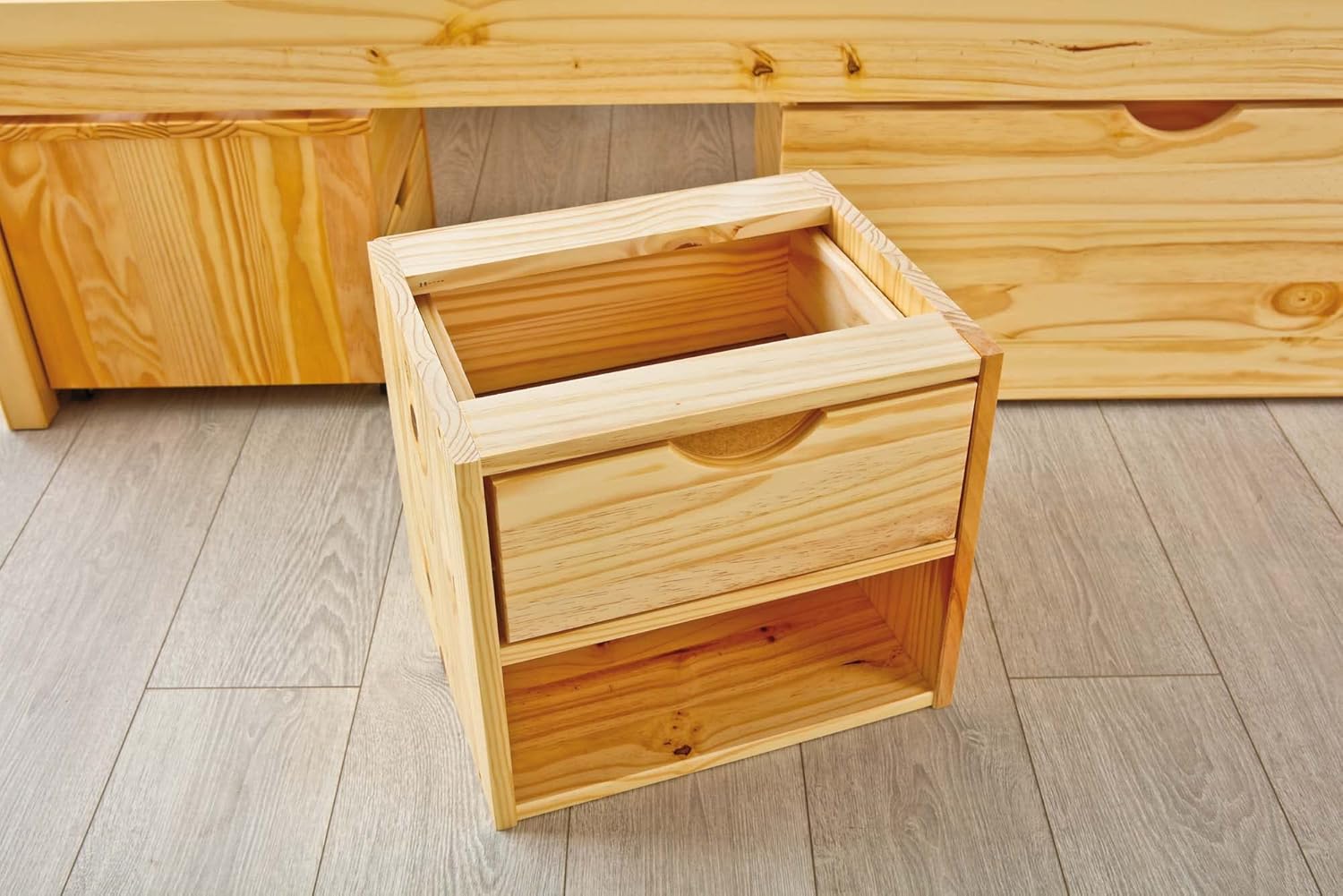 Close-up of the integrated pull-out bedside table