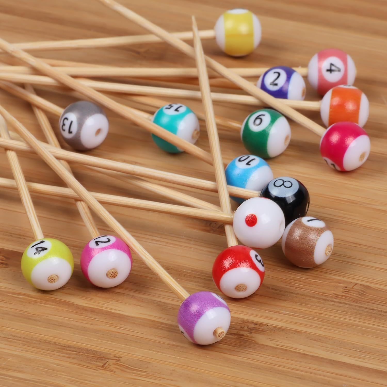 BambooMN Billiard Pool Cocktail Appetizer Bell End Skewer Picks - 3.9" (10cm) - Assorted - 1,000 Pieces