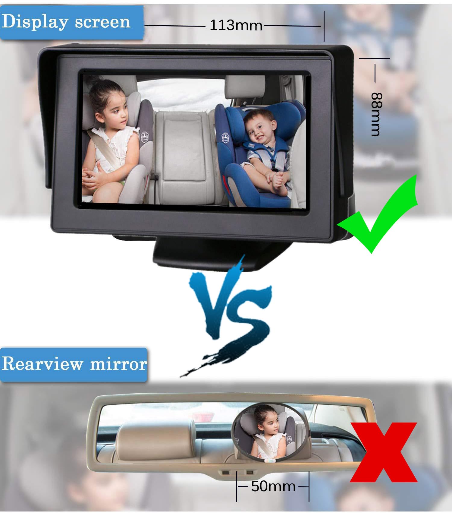 Baby Car Camera +4.3'' HD Baby Car Mirror Monitor Wide View, Night Vision Function Car Mirror Display, Essentials for Newborn, Safety Car Seat Mirror Camera