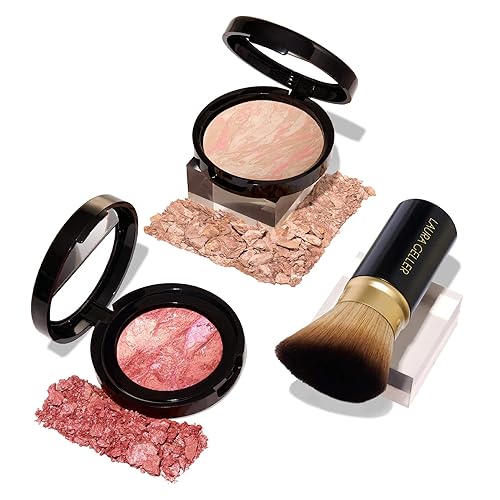Laura Geller New York Kit de Rubor 40+ Club Blush-n-Balance de 3 piezas: Base correctora horneada Balance-N-Brighten, Porcelain + brocha Kabuki