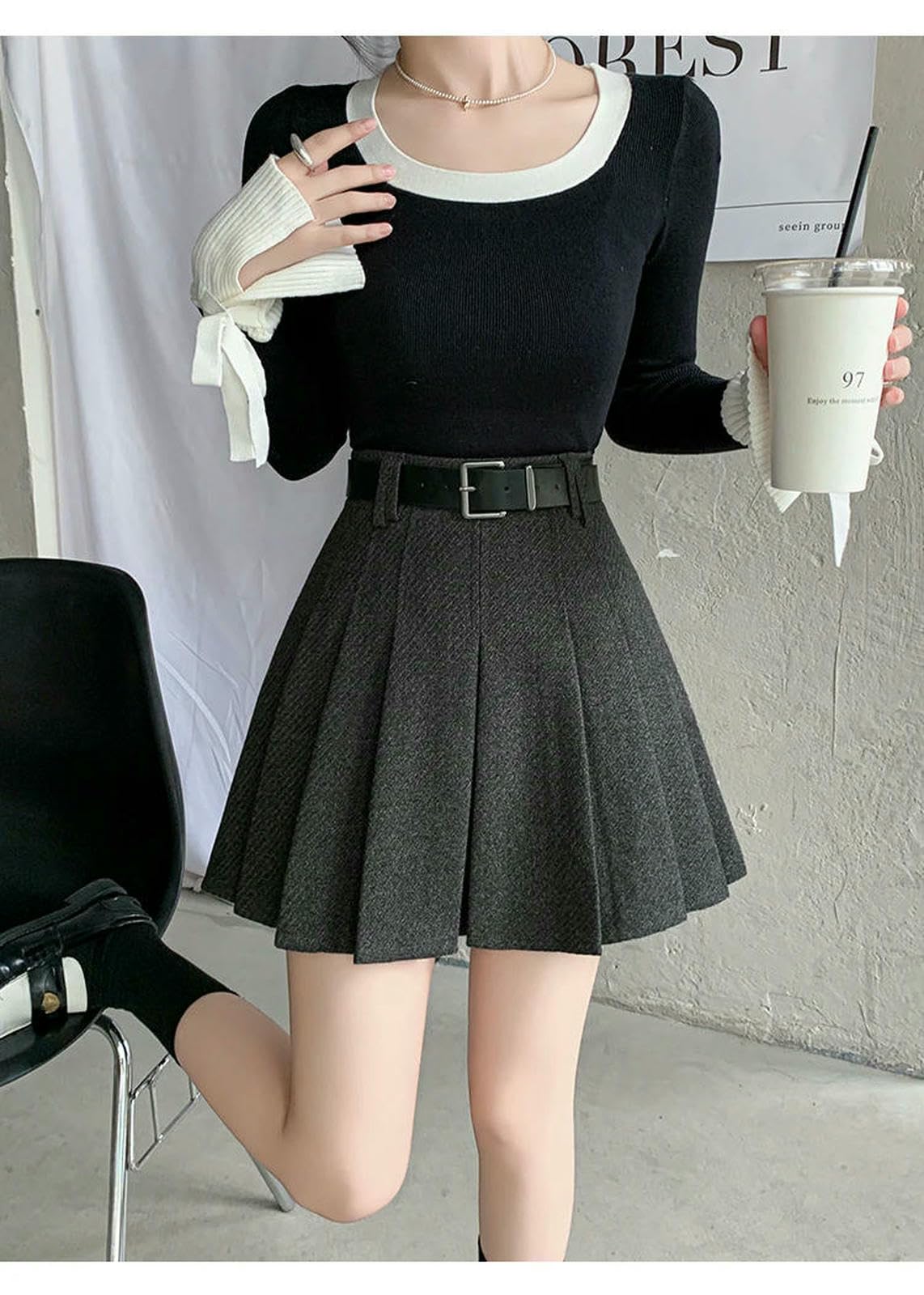 Gonna Lunga Mini A Pieghe Invernale Vintage da Donna Streetwear Vita Alta Gonne Carine con Pantaloncini Cintura Nera Grigia Donna-Grigio Scuro-l