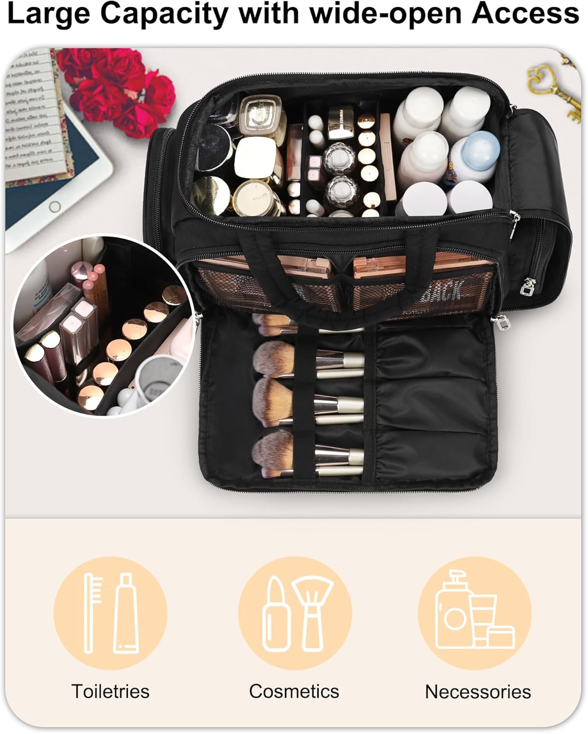 Travel Makeup Bag, Lightweight Wide-open Toiletry Bag for Women, Portable Cosmetic Bag Organizer with Handle for Accessories, Brushes Set, Travel-Sized Container for Trip, Camping - Black - Image 6
