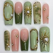 Press on Nails Long Coffin Shaped Acrylic Extra Long Square False Nails with Designs Artificial Long Length Coffin Fake Nails with Charms Glue Stick ons Fingernails for Women GirlsK965