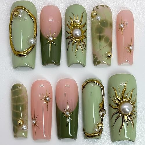 EYZOTSF Press on Nails Long Coffin Shaped Acrylic Extra Long Square False Nails with Designs Artificial Long Length Coffin Fake Nails with Charms Glue Stick ons Fingernails for Women Girls(K965) - Sun Star and Pearl