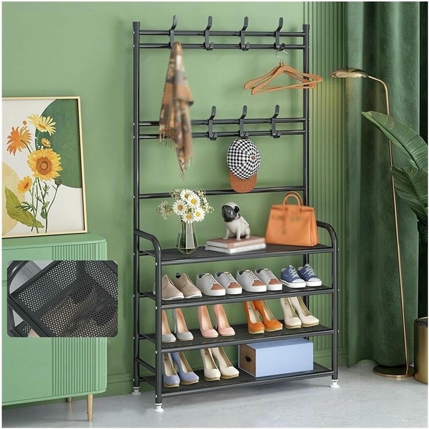 Shoe Storage Shelf 5-Tier Entryway Coat and Shoe Rack, Modern Coat Rack, Lightweight Metal Shoe Rack Organizer with Double Row Hooks for Bedroom Hallway Office