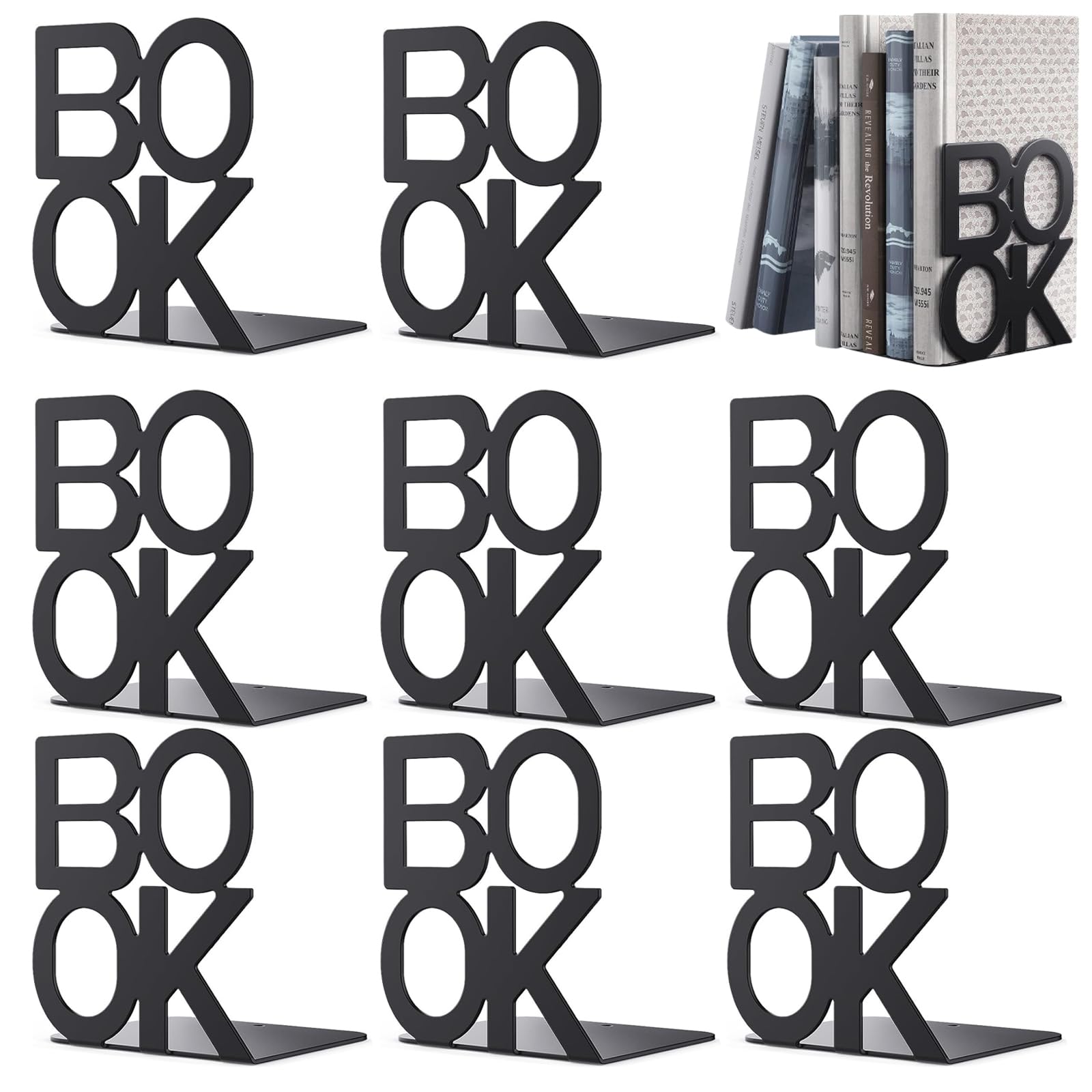 4 Paia Fermalibri per Mensole Ferma Libri in Metallo "BOOK" Scaffali per Scrivania Reggilibri per Mensole Antiscivolo Porta libri per Uffici Scuole Casa Librerie Biblioteche (Nero)