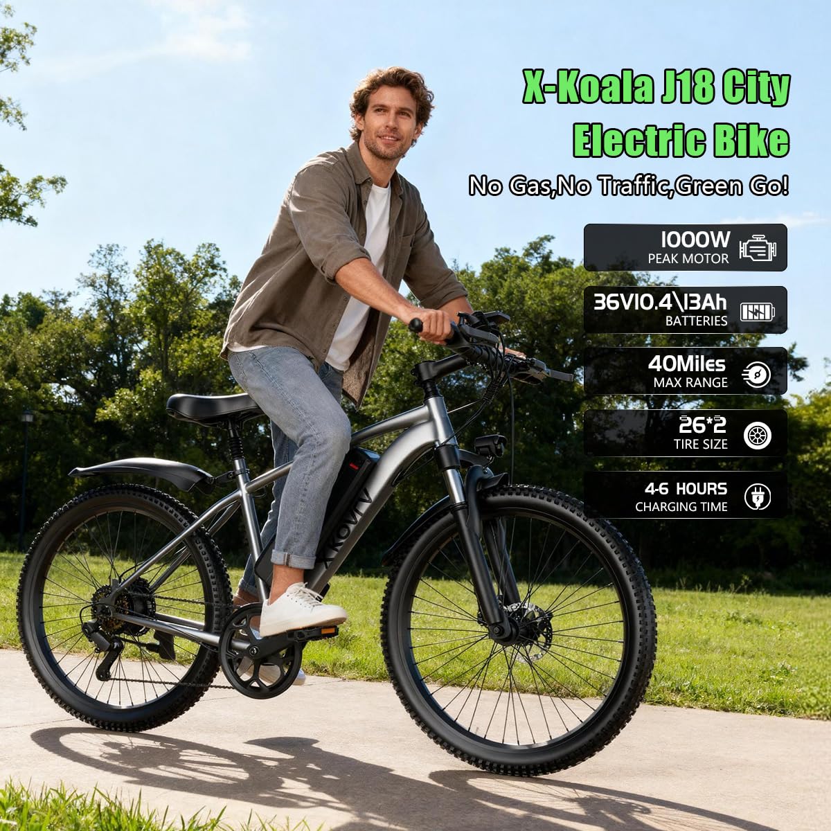 X-koala 26'' Electric Bike for Adults 1200W Peak Motor 65 Miles Long Range 25MPH Commuter E-Bike with 7 Speed Gears IPX7 Waterproof Pedal Assist Electric Mountain Bicycle for Men