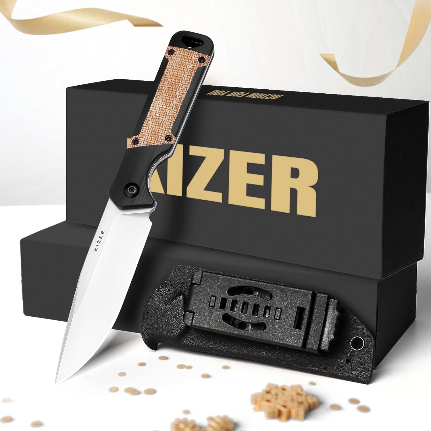 Kizer Militaw Outdoor Survival Feststehende Messer mit Scheide, 1067A2 | 9,7cm Nitro V Blade Jagdmesser Messer mit G10 & Micarta Griff, EDC Bushcraft Messer für Männer Frauen Geschenk
