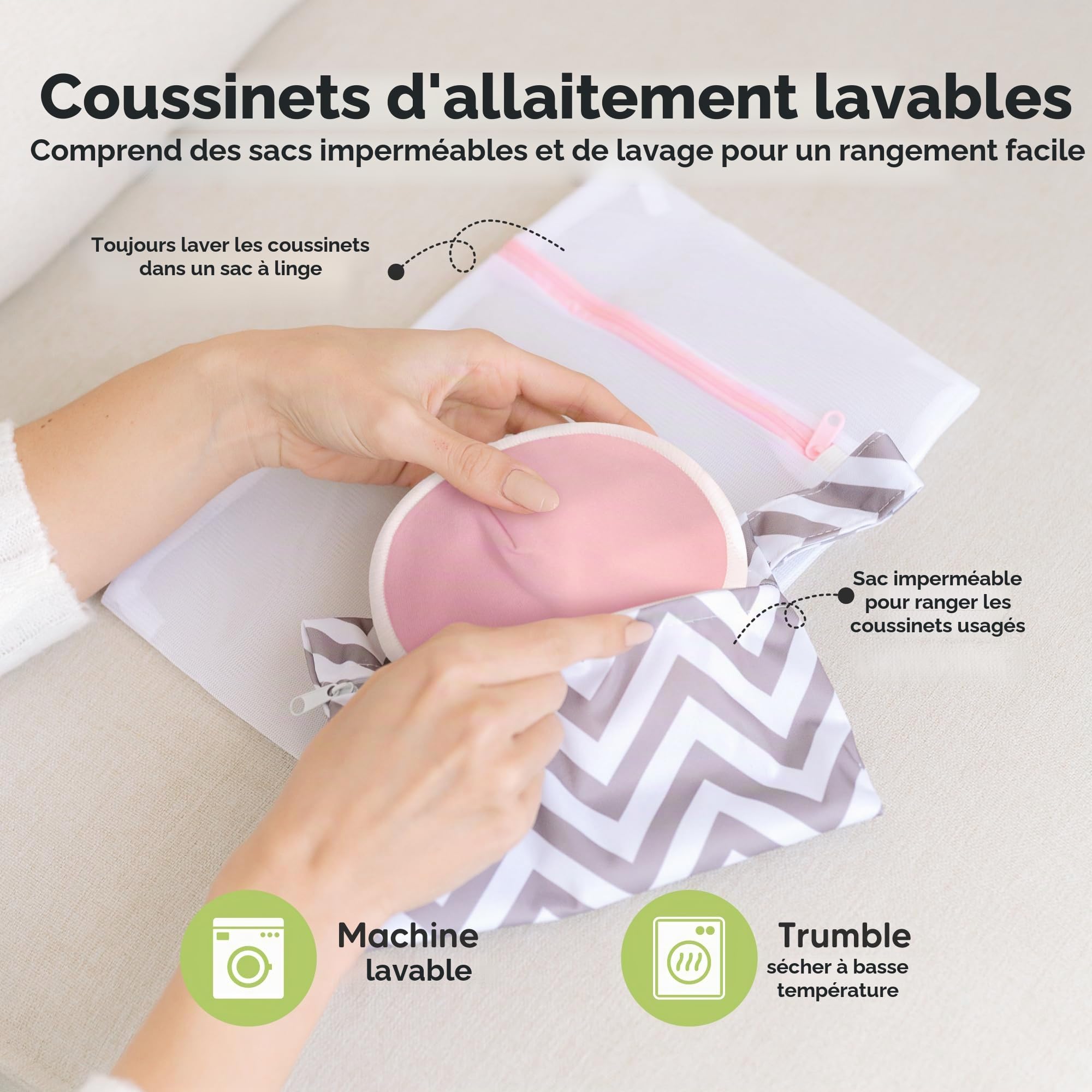 Coussinets d'allaitement en bambou biologique lavables - 14 pièces avec sac de lavage - Pastel Touch L 12cm