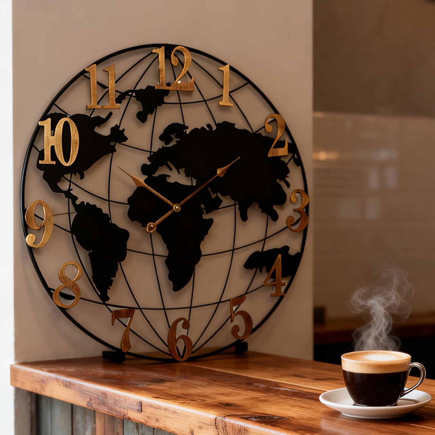 World Map Wall Clock, Black and Gold Vintage Luxury with Metal Frame, Retro Geographic Art for Living Room, Study, Travel Theme Decor, 24 Inch