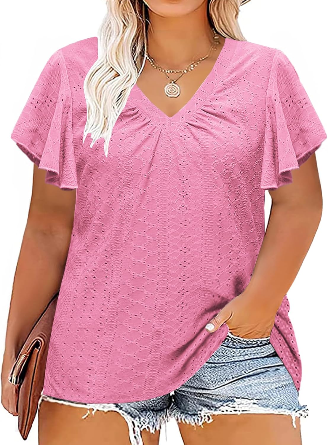 DOLNINE Womens Plus-Size Tops Ruffle Short Sleeve Summer Casual V Neck Loose Shirts