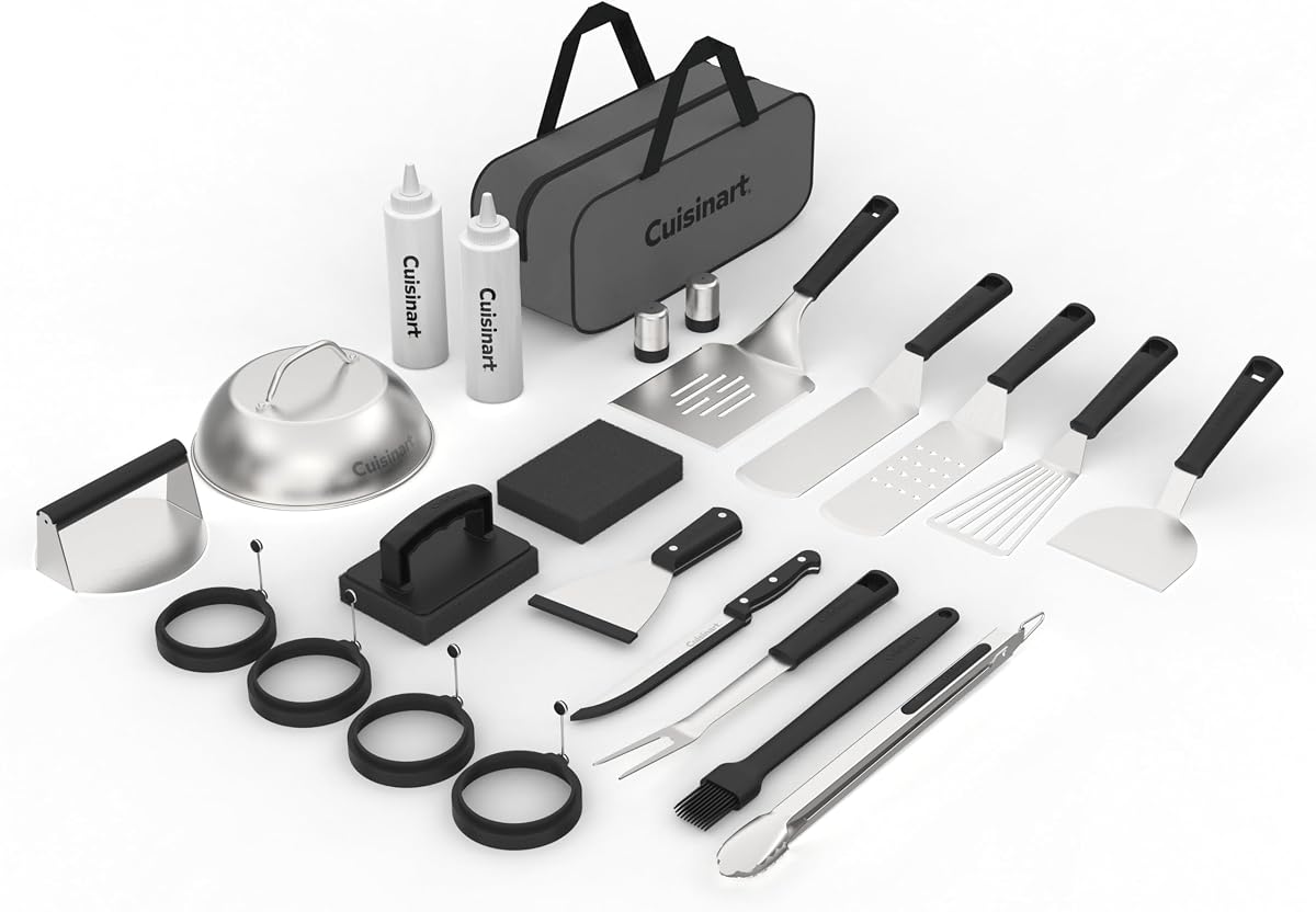 24-Piece Griddle Tool Set with Storage Tote, Stainless Steel Flat Top Grill Accessories with Spatulas, Melting Dome, Smash Burger Press, Scraper & Tongs, Perfect for BBQ, Tailgates, Camping