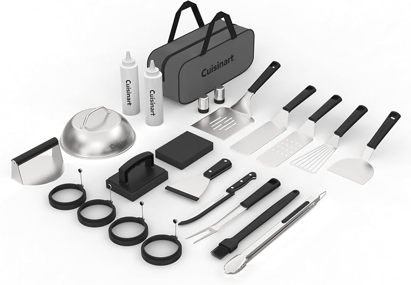 24-Piece Griddle Tool Set with Storage Tote, Stainless Steel Flat Top Grill Accessories with Spatulas, Melting Dome, Smash Burger Press, Scraper & Tongs, Perfect for BBQ, Tailgates, Camping
