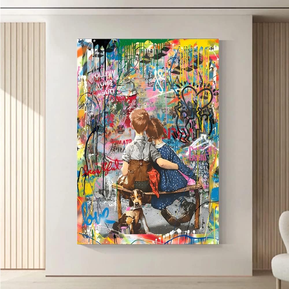 Framed Banksy Street Graffiti Wall Art Decor Large Abstract Pictures Canvas Painting Prints Colorful Modern Contemporary Poster Artwork Stretched for Wall Home Bathroom Bedroom Living Room Ready Hang (Framed Decor Art-010, 16x24inch(40x60cm))