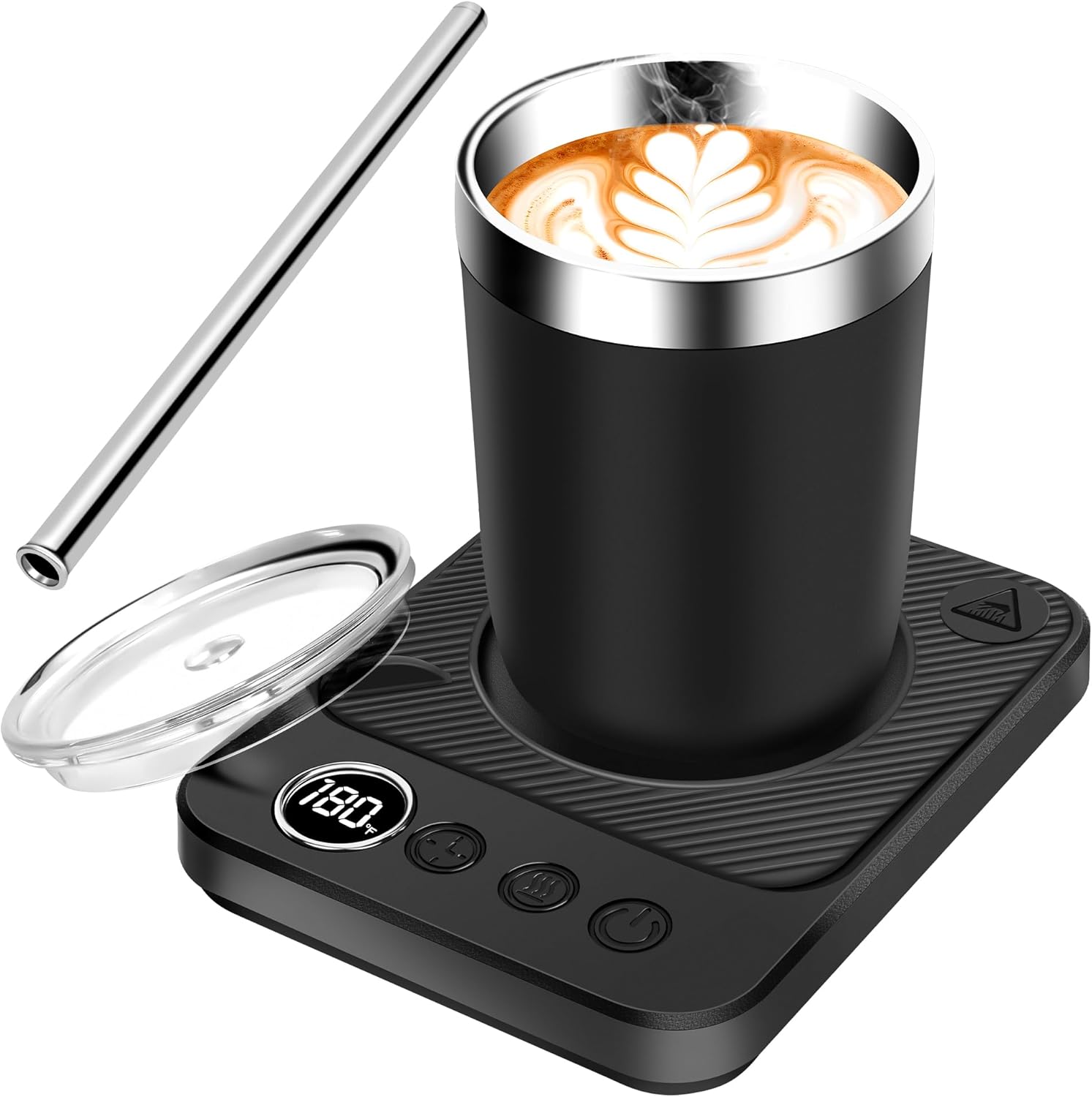 Coffee Mug Warmer Plate 13oz Cup and stainless steel straw, 36W Electric Smart Cup Mug Heater, 6-Temp Settings, 12H Timer, Gifts for Women and Men,Warming and Heating Coffee,Beverage,Candles,Tea,Cocoa
