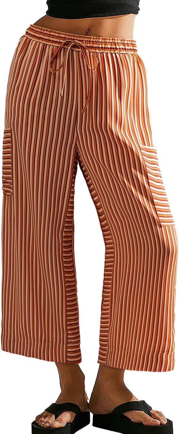 EVALESS Women Palazzo Pants Summer Casual Wide Leg High Waist Lounge Flowy Beach Striped Trousers Travel Vacation Outfits