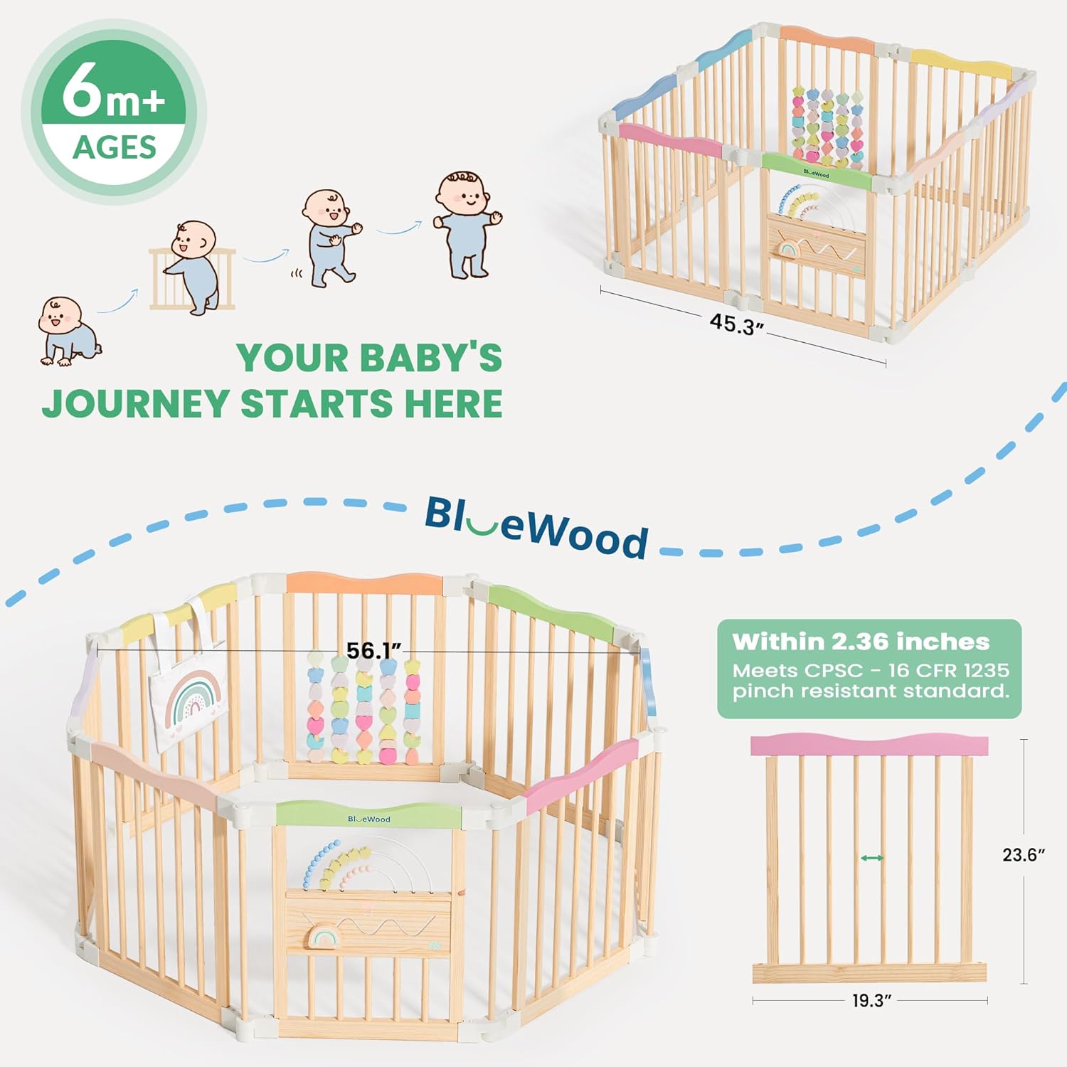 Foldable Wooden Baby Playpen - Adjustable Wood Play Yard, Indoor Large Safety Fence for Babies and Toddlers - Built-in Toys Design, 45 x 45 x 24 inches, Colorful Dream