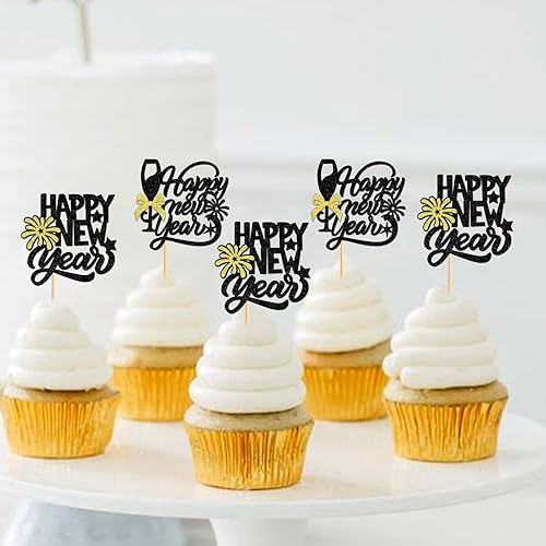 Miniatura 4 de Keaziu 24 adornos para cupcakes de Año Nuevo, bienvenida, fuegos artificiales, copas para magdalenas para felicitaciones 2024, feliz Año Nuevo,