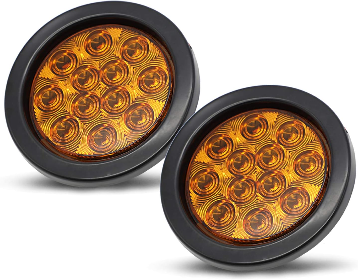 Meerkatt 4 Inch Round Amber 12 LED Indicator Lights Flush Mount F3 Bulb Plug & Rubber Grommet Tail Lamp 12v DC Universal (Pack of 2) GA12