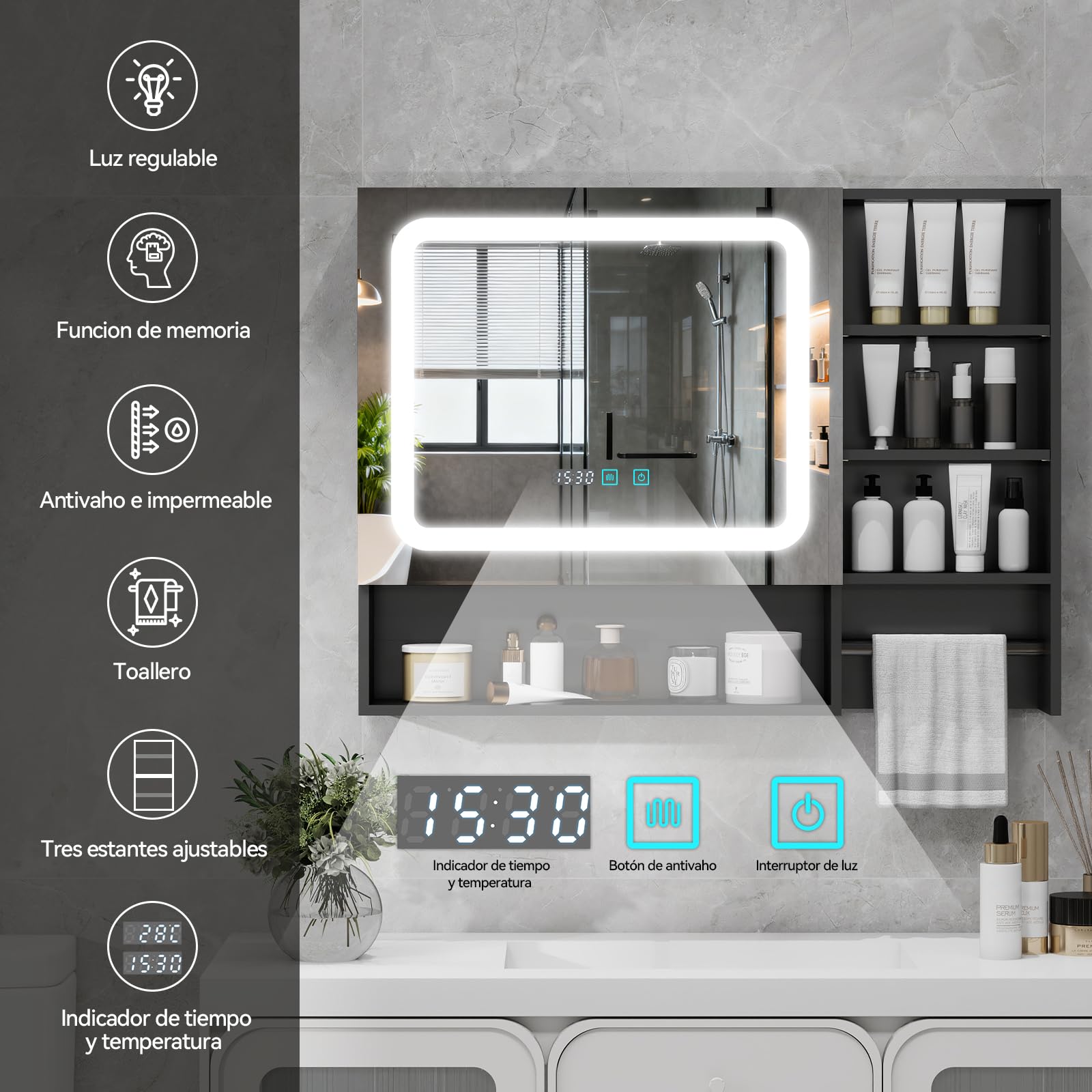 YU YUSING Armario Baño con Espejo y Luz LED 80x14x60 cm con Toallero, 3 Estantes Ajustables, 3 Modos de Luz, Negro