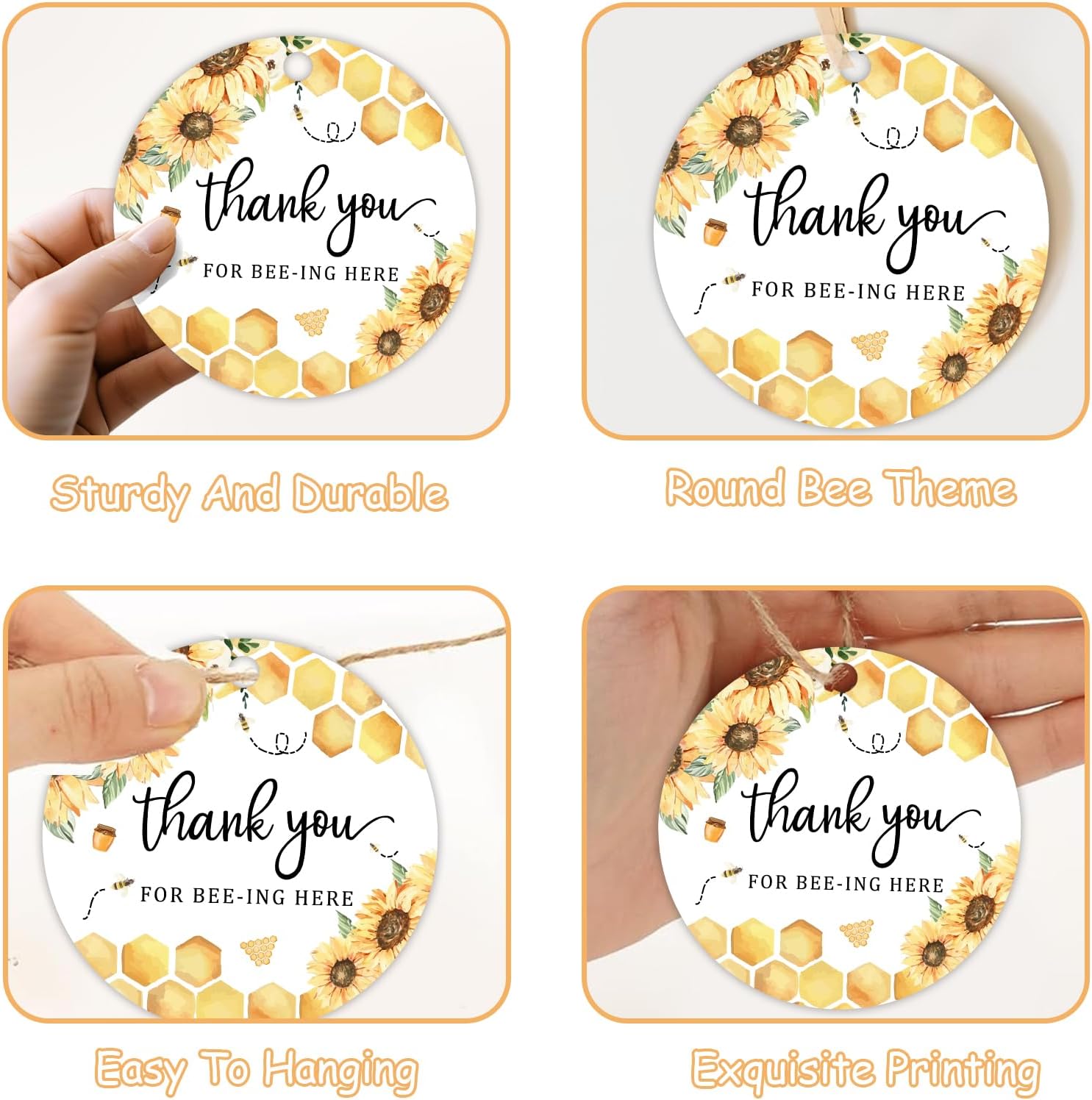 50pcs Bee Thank You Tags Bee Party Decorations Round Thank You for Bee-ing Here Paper Gift Tags with Strings for Boys Girls Bee Themed Birthday Baby Shower Party Decor Supplies image 5
