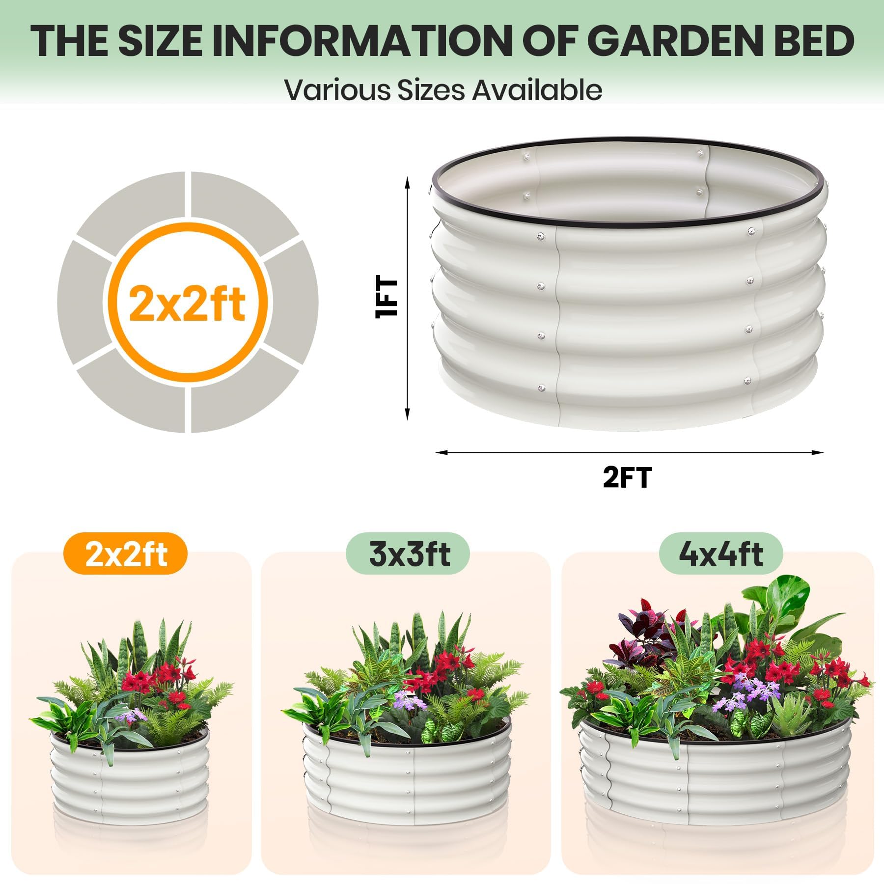 Garvee Set di 2 Letti per Orto Rialzati Tondi in Acciaio Zincato, Ø60 x 30 cm Fioriere da Esterno con Fondo Aperto e Bordo di Sicurezza in Gomma, Letto da Giardino Compatto per Erbe e Fiori, Avorio