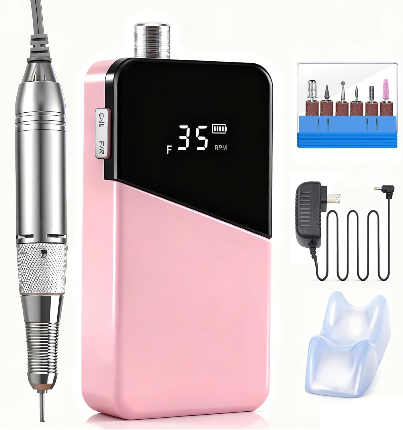 Electric Nail File 35000RPM, Rechargeable Portable Nail Drill for Beginners Home Use, Cordless Efile for Acrylic Gel Nails with Ceramic Bits, Low Noise & Long Battery Life, White