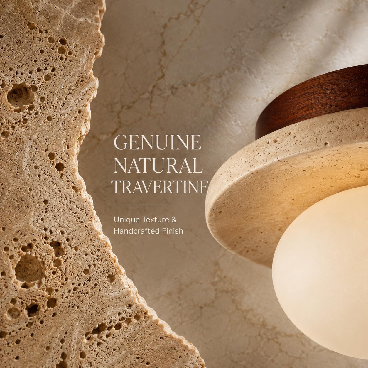 Natural Yellow Travertine Hallway Ceiling Light, Wood Base Flush Mount image 3