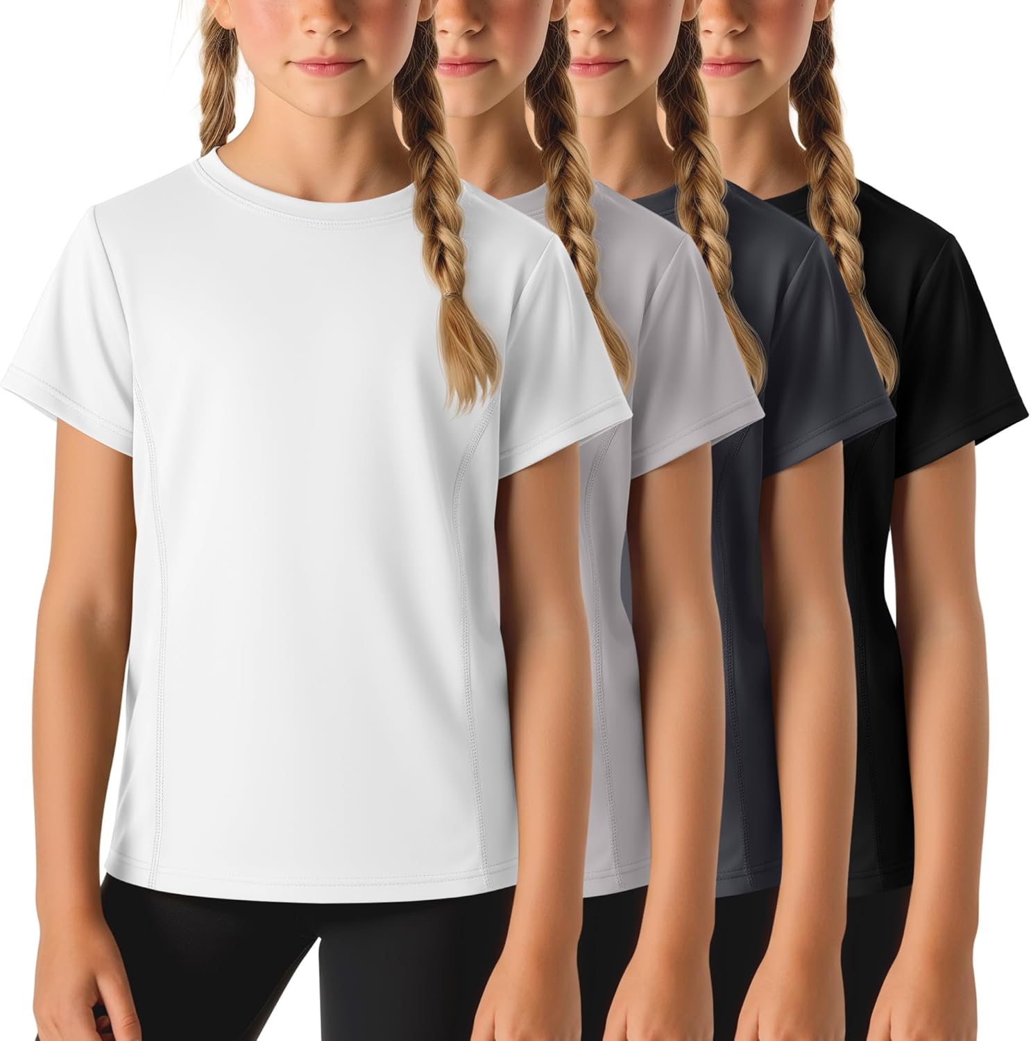 4 Pack Girls' Athletic Shirts Short Sleeve Quick Dry Active T-Shirt Summer Crew Neck Sports Activewear Top for Kids