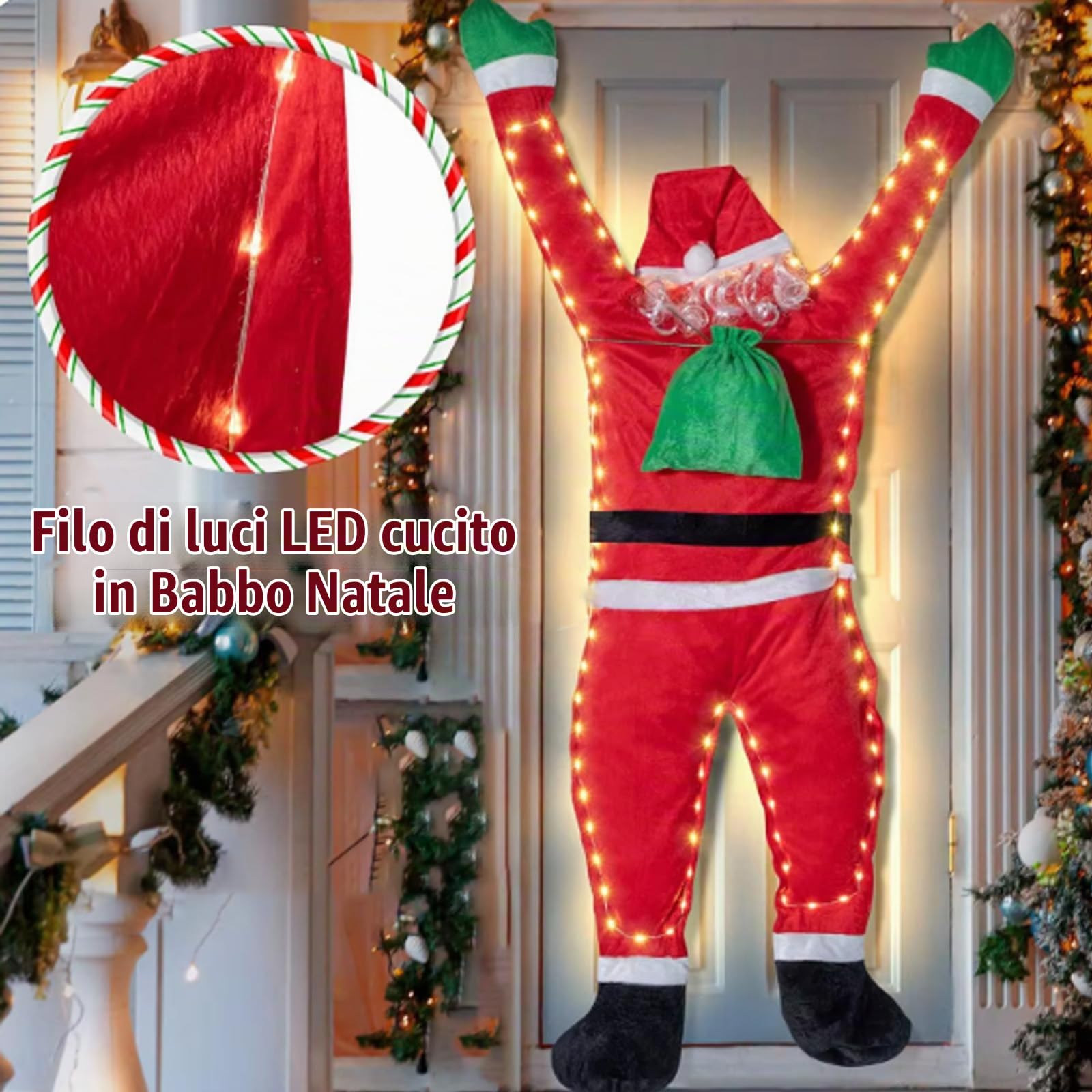 Babbo Natale Sospeso, Decorazione Natalizia da Parete da Arrampicata Luci LED per Interni Esterni