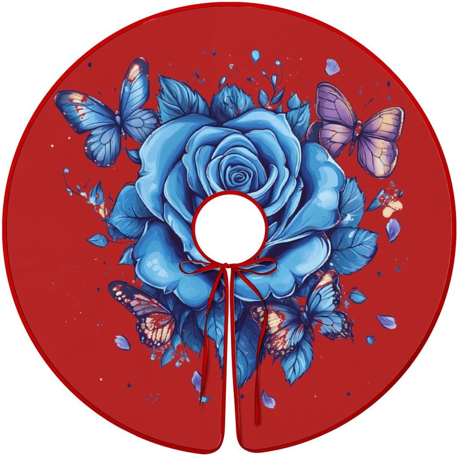 Butterfly Blue Roses Flowers Christmas Tree Skirt Ornaments Christmas Tree Mat for Home Party Holiday Decorations