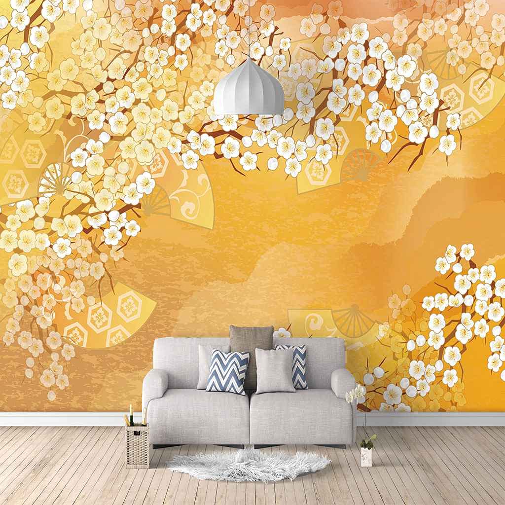 Papier peint toile 200x140 cm fleurs d'or poster géant pour salon moderne