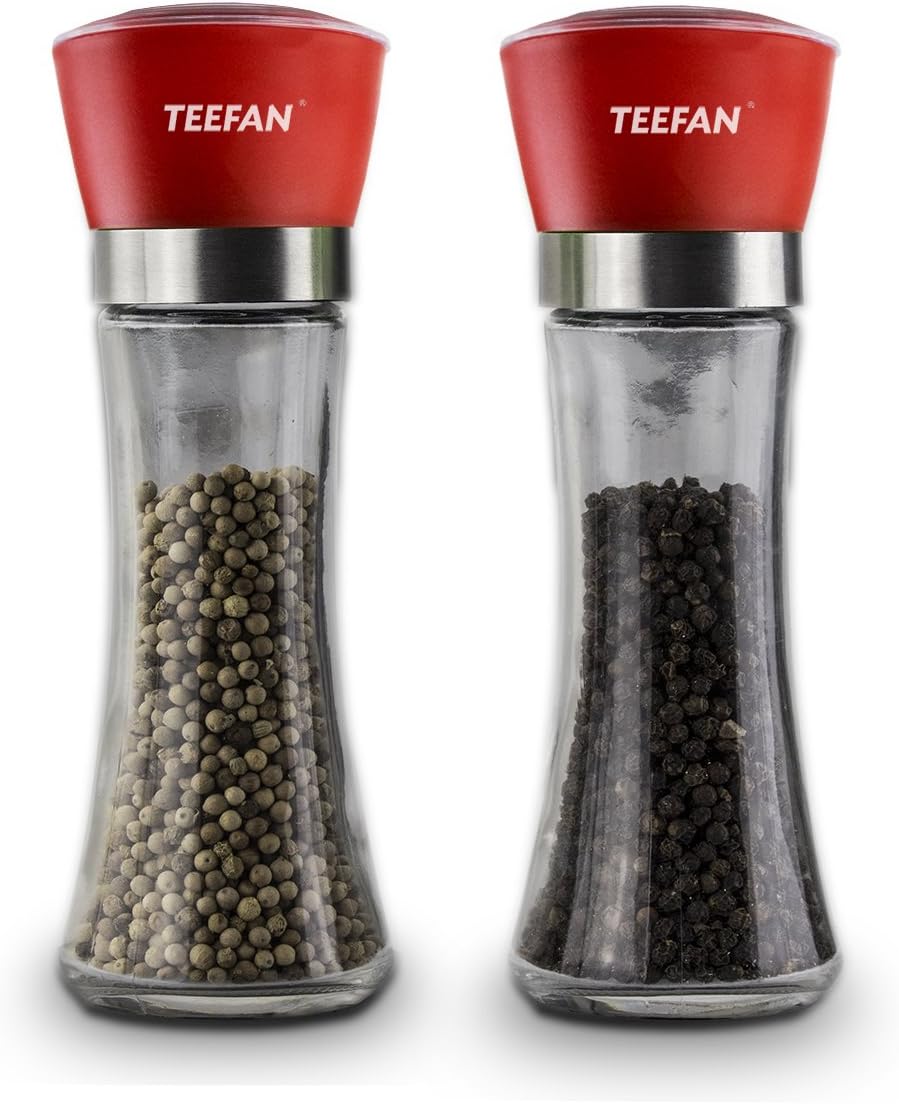 TEEFAN Slender Lead Free Glass Jar and Adjustable Ceramic Grinding Rotor Salt & Pepper Grinder Mill, Easy to Refilled Exchangeable and Anti-Abrasive/Corrosion for Long Term Use, Set of Two,Red