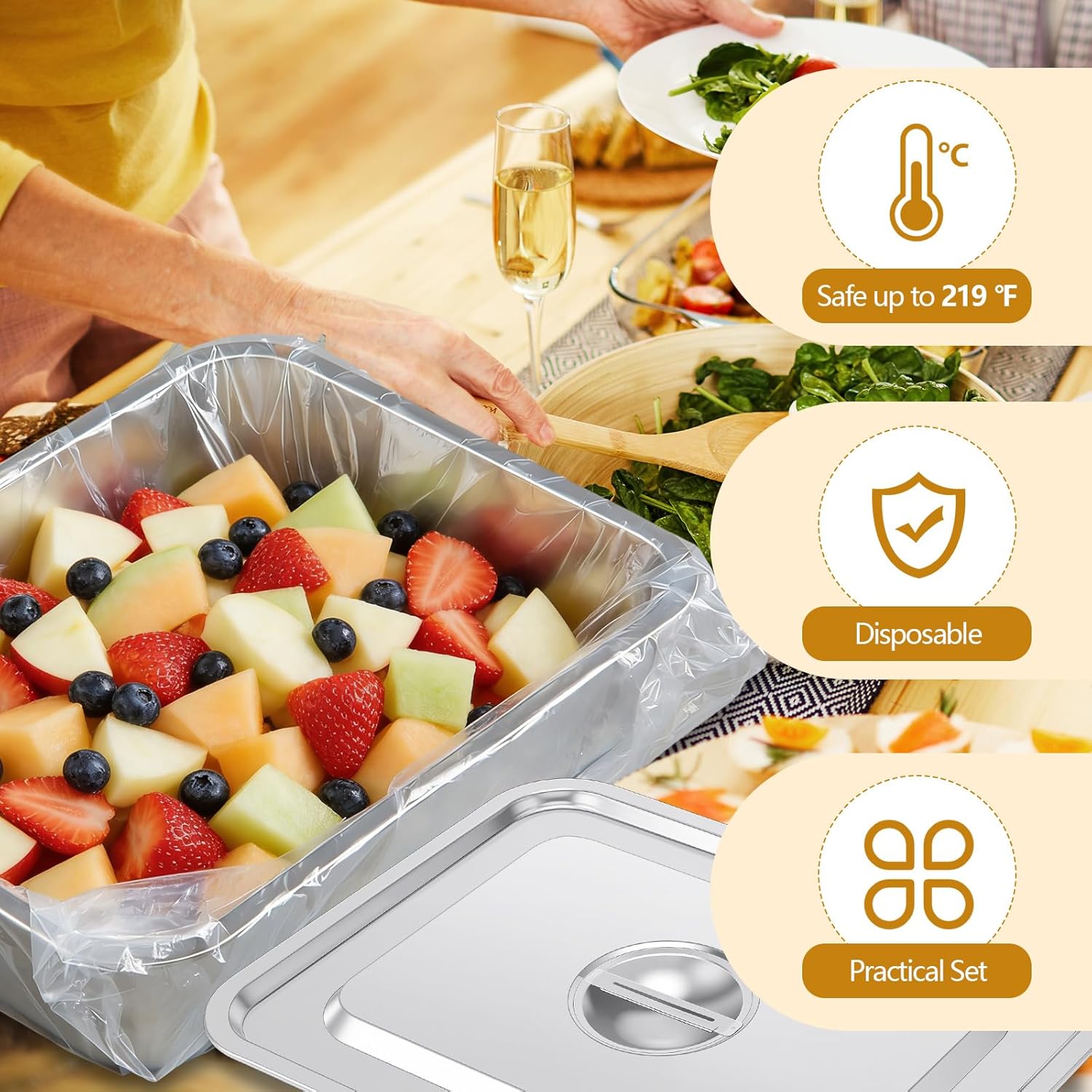 2 Pack 13 L Stainless Steel Commercial Bus Tubs with Lid and 50 Pack Plastic LDPE Meat Lug Liners Food Grade Meat Processing Tubs Lug for Dishwashing, Kitchen, Restaurant, Utility